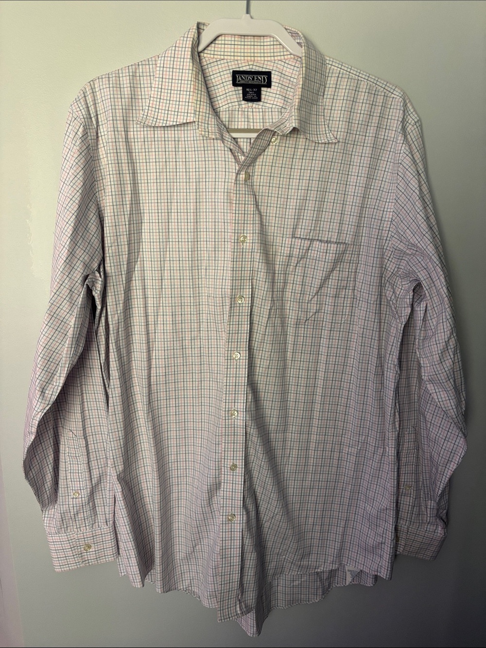 Lands' End Men's White Shirt with Blue and Pink Windowpane Plaid